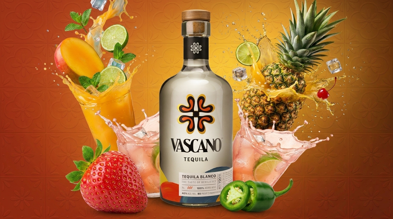 Vascano Tequila Blanco bottle with fresh fruit, ice, and cocktail splashes